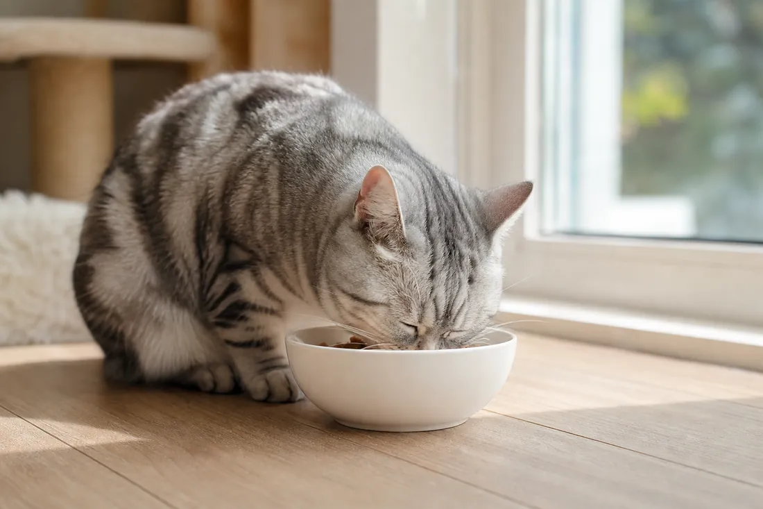 A silver tabby cat eating from a plain ceramic bowl by a sunny window