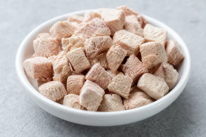 Close-up of freeze-dried raw pet food morsels in a small white dish