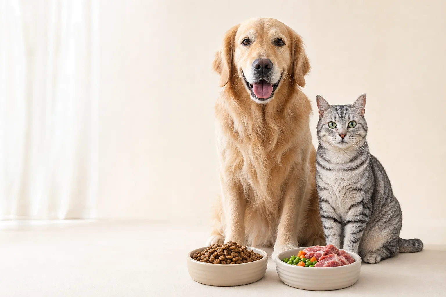 A golden retriever and a silver tabby cat sitting beside bowls of kibble and fresh raw food