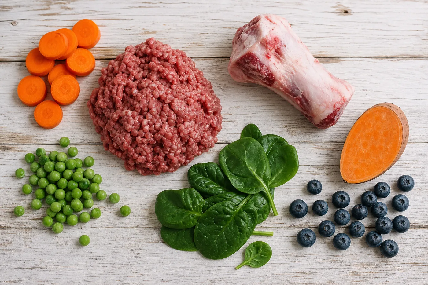 Fresh raw pet-food ingredients — meat, carrots, peas, spinach and blueberries