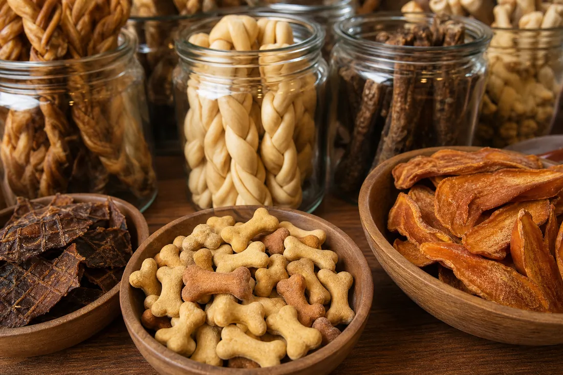 Natural dog chews and biscuits in open glass jars on a wooden counter