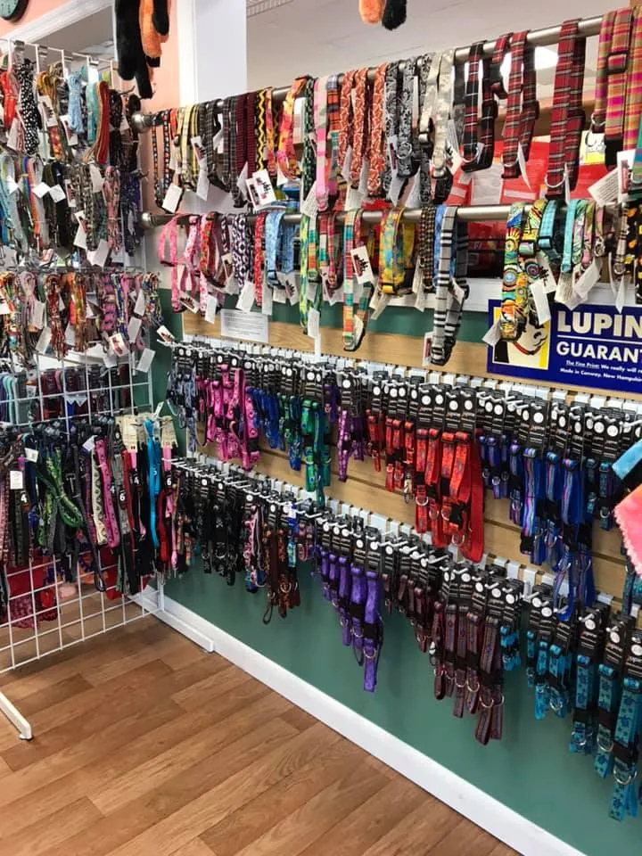 A wall of patterned dog collars, leashes and harnesses inside Paradise Poochie